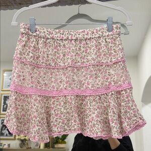 LoveShackFancy Floral Pink and Cream Mini Skirt
